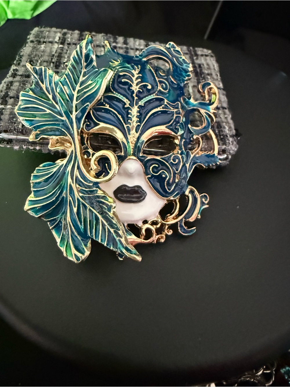 Teal and Gold Venetian Masquerade Face Brooch - Women's Accessory